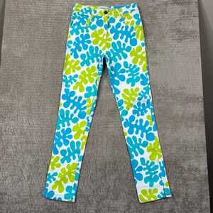 Gretchen Scott Pants‎ XS White Blue Green Abstract Floral Print Cropped Leg